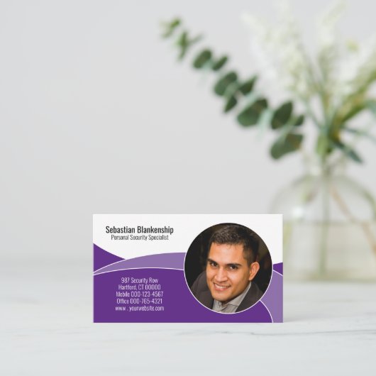 Paarse Security Professional Custom Photo QR Code Visitekaartje (Staand voorkant)