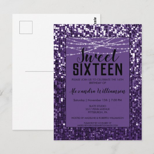 Paarse Sequins/Glitter Chic Sweet 16 Uitnodiging (Voorkant / Achterkant)