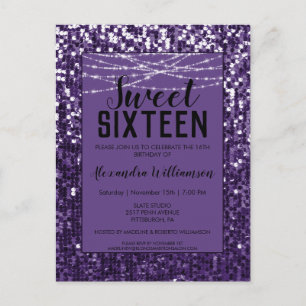 Paarse Sequins/Glitter Chic Sweet 16 Uitnodiging