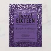 Paarse Sequins/Glitter Chic Sweet 16 Uitnodiging (Voorkant)