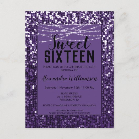 Paarse Sequins/Glitter Chic Sweet 16 Uitnodiging (Voorkant)