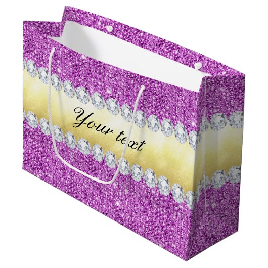 Paarse Sequins Gold Foil Bling Diamonds Groot Cadeauzakje (Voorkant Gekanteld)