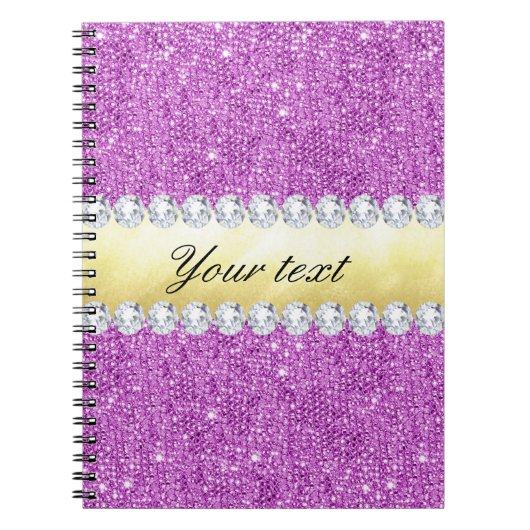 Paarse Sequins Gold Foil en Diamonds Notitieboek (Voorkant)