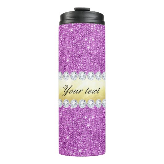 Paarse Sequins Gold Foil en Diamonds Thermosbeker (Voorkant)