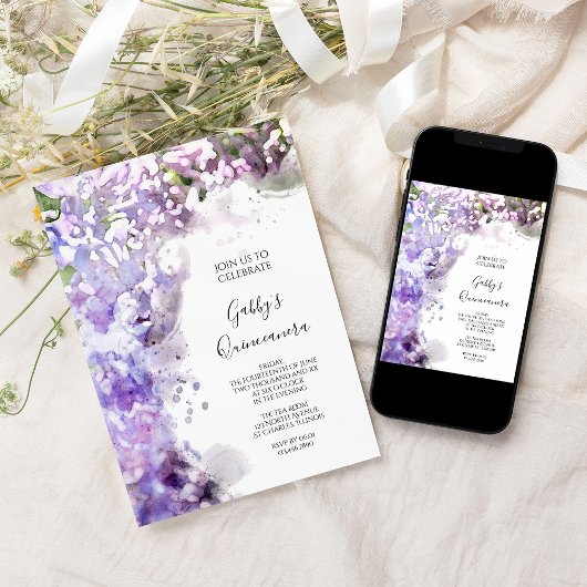 Paarse Sering Bloemen Aquarel Quinceanera Feest Kaart