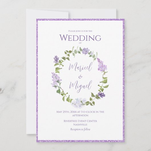 Paarse Sering Bloemenglitter Moderne Trouwdag Kaart (Voorkant)
