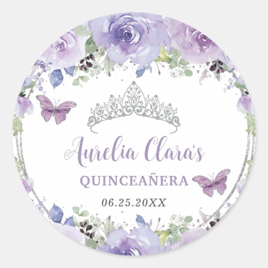 Paarse Sering Bloemige Quinceañera Kroon Vlinders  Ronde Sticker (Voorkant)