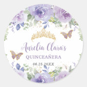 Paarse Sering Bloemige Quinceañera Kroon Vlinders Ronde Sticker (Voorkant)