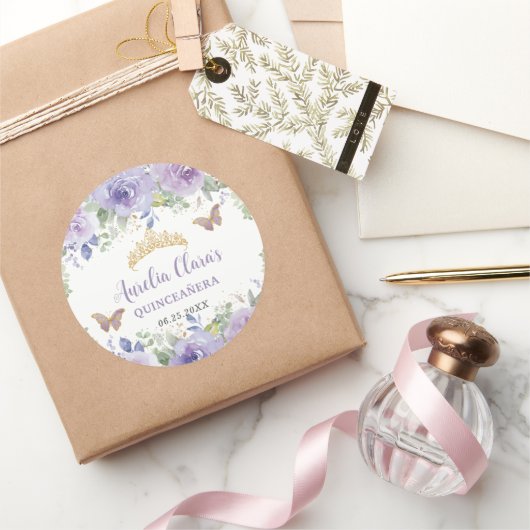 Paarse Sering Bloemige Quinceañera Kroon Vlinders Ronde Sticker (Geschenken)