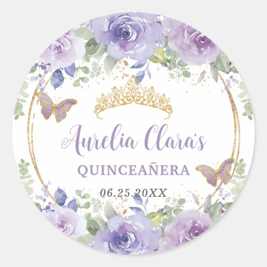 Paarse Sering Bloemige Quinceañera Kroon Vlinders Ronde Sticker (Voorkant)