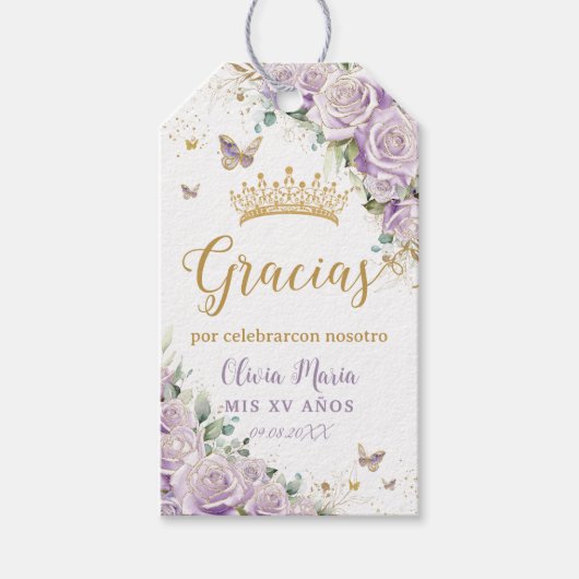 Paarse Sering Bloemige Vlinders Quinceanera 15 16 Cadeaulabel (Voorkant)