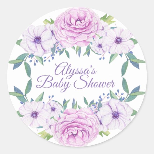 Paarse Sering Bloemige Witte Baby Shower Sticker (Voorkant)