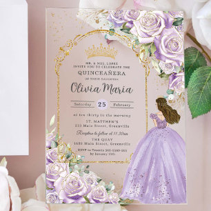 Paarse Sering Bloemrijke Gouden Quinceañera Sweet Acryl Uitnodigingen