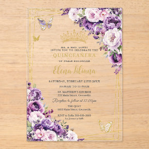 Paarse Sering Blozen Bloemige Quinceanera Acrylic Acryl Uitnodigingen