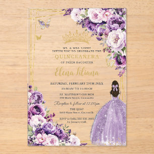Paarse Sering Blush Bloemige Quinceanera 15 Sweet Acryl Uitnodigingen