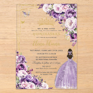 Paarse Sering Blush Bloemige Quinceanera 15 Sweet Acryl Uitnodigingen