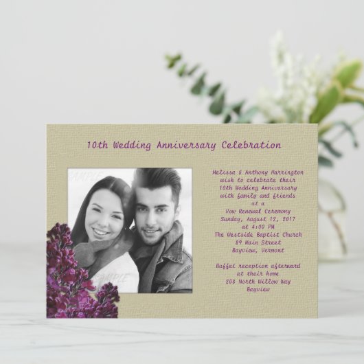 Paarse Sering en Jute Foto Huwelijksbelofte Vernie Kaart (Staand voorkant)