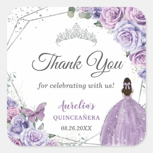 Paarse Sering Lavendel Bloem Quinceañera Prinses Vierkante Sticker (Voorkant)