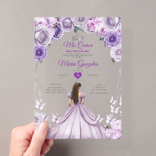 Paarse Sering Mis Quince 15 Jaar Kroon Quinceañera Acryl Uitnodigingen
