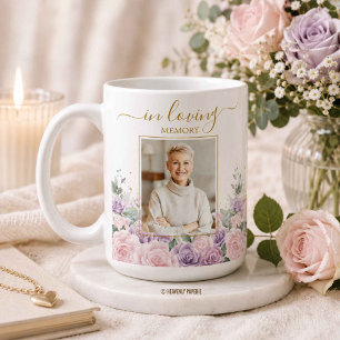 Paarse Sering & Roze Bloemige Foto Funeral Herdenk Koffiemok