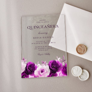 Paarse Sering Violet Rozen Bloemige Quinceanera Acryl Uitnodigingen