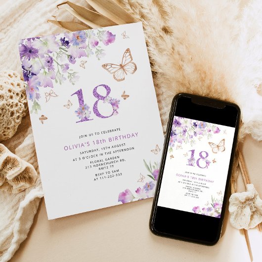 Paarse Sering Vlinders 18e verjaardagsuitnodiging Kaart