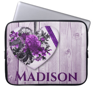 Paarse Seringenhart en Bloemen met Aangepaste Naam Laptop Sleeve