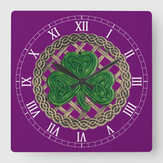 Paarse Shamrock & Celtic Knoopt Roman Numeral Cloc Vierkante Klok (Voorkant)