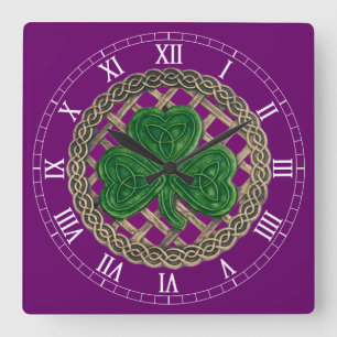 Paarse Shamrock & Celtic Knoopt Roman Numeral Cloc Vierkante Klok