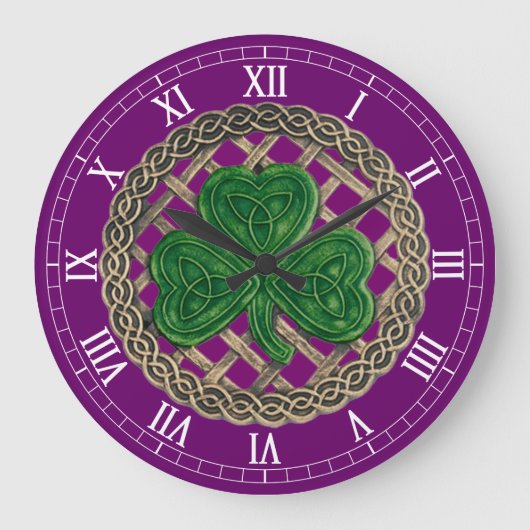 Paarse Shamrock & Celtic Knots Roman Numeral Clock Grote Klok (Voorkant)