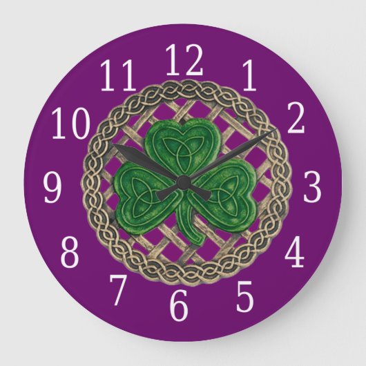 Paarse Shamrock en Celtic Knots  Grote Klok (Voorkant)