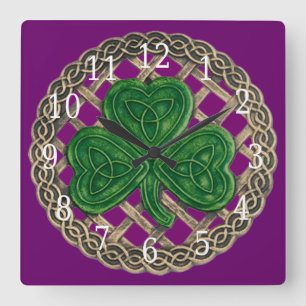 Paarse shamrock en Keltische knots Square klok