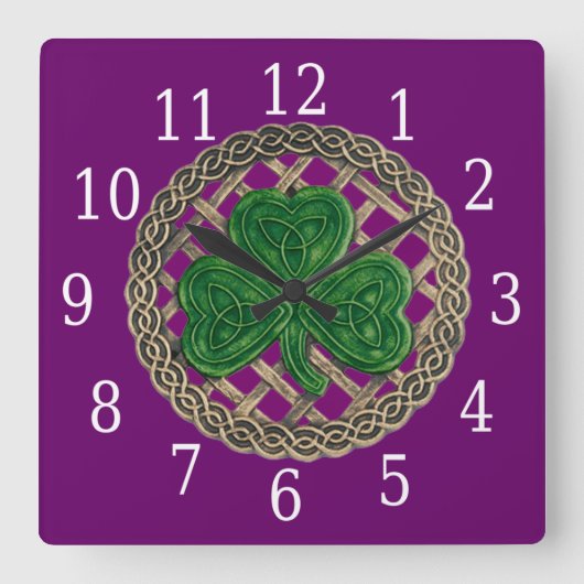 Paarse shamrock en Keltische knots Square klok (Voorkant)