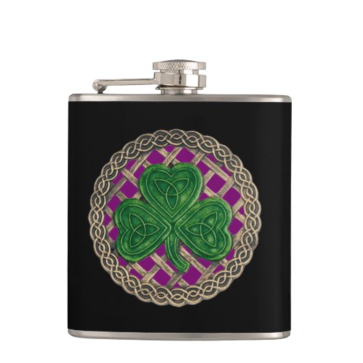 Paarse shamrock on Celtic Knots Flask Heupfles (Voorkant)