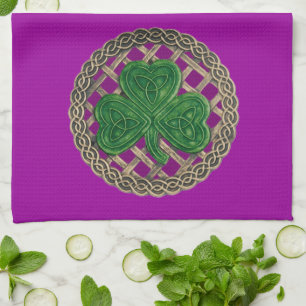Paarse Shamrock op Keltische knopen keukenhanddoek