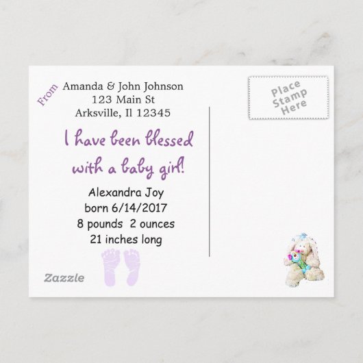  Paarse "Shes Here" Baby Geboorte Aankondiging (Achterkant)