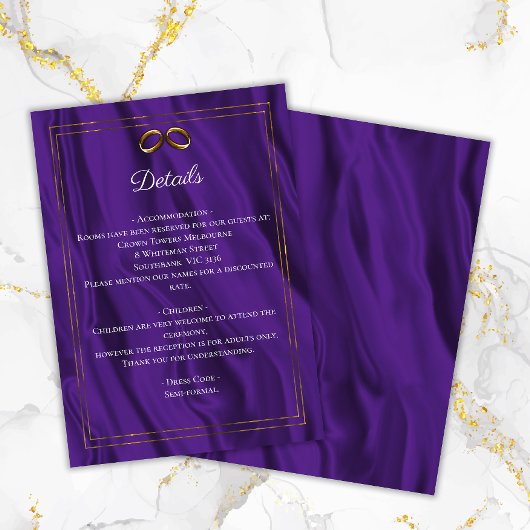 Paarse Shimmer & Gouden Ringen Trouwdetails Informatiekaartje