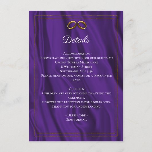 Paarse Shimmer & Gouden Ringen Trouwdetails Informatiekaartje (Voorkant)