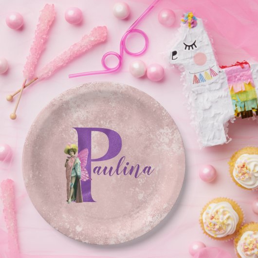 Paarse Shimmer Illustratieve letter P Naam toevoeg Papieren Bordje (Feest)