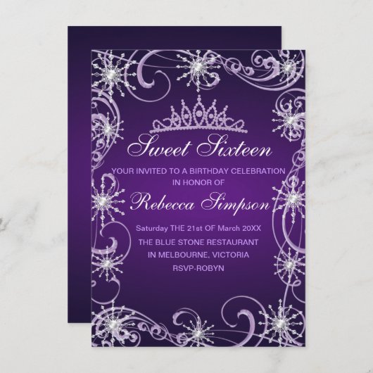 Paarse Shimmer Snowflake verjaardagsuitnodiging Kaart (Voorkant / Achterkant)