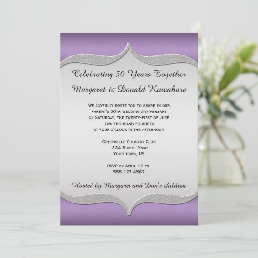 Paarse Sierlijke Zilveren Lijst 25e Verjaardag Kaart (Staand voorkant)