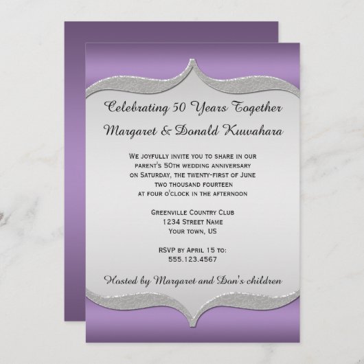 Paarse Sierlijke Zilveren Lijst 25e Verjaardag Kaart (Voorkant / Achterkant)