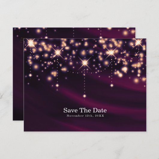 Paarse Silk & Gold Sparkle Glam Save the Date Aankondigingskaart (Voorkant / Achterkant)