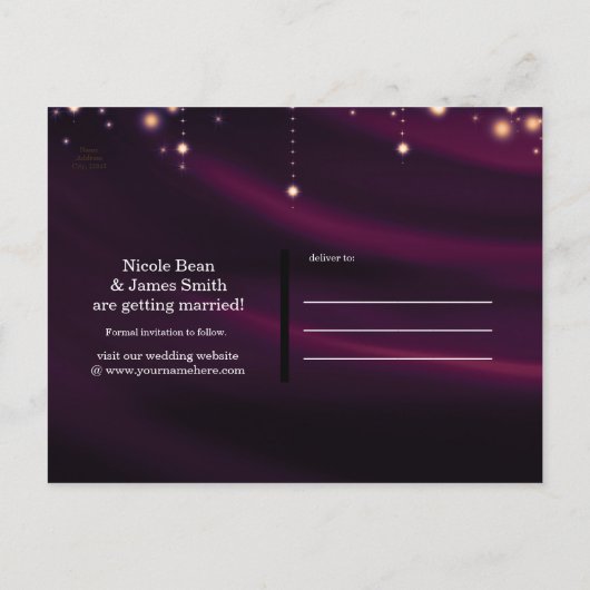Paarse Silk & Gold Sparkle Glam Save the Date Aankondigingskaart (Achterkant)