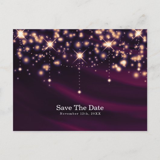 Paarse Silk & Gold Sparkle Glam Save the Date Aankondigingskaart (Voorkant)