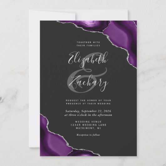 Paarse Silver Agate Corners Dark Wedding Invite Kaart (Voorkant)