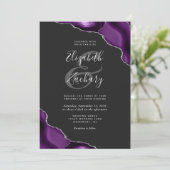 Paarse Silver Agate Corners Dark Wedding Invite Kaart (Staand voorkant)