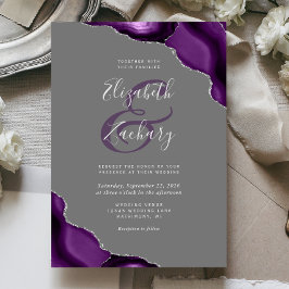Paarse Silver Agate Corners Gray Wedding Kaart