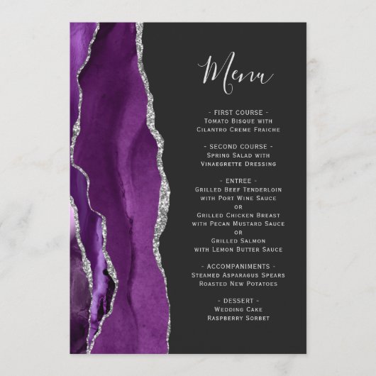 Paarse Silver Agate Dark Wedding Menu (Voorkant)