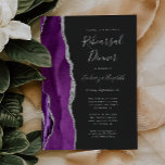 Paarse Silver Agate Dark Wedding Rehearsal Dinner Kaart<br><div class="desc">De linkerrand van deze elegante moderne huwelijksrepetitie is voorzien van een paarse waterverf aan de rand van de beek, die met een zilveren faux glitter is getrimd. De aanpasbare tekst combineert zilveren grijze handschrift, copperplate en cursieve doopvonten op een leisteenachtergrond. De achterzijde is voorzien van een bijpassend paars en zilveragatontwerp....</div>